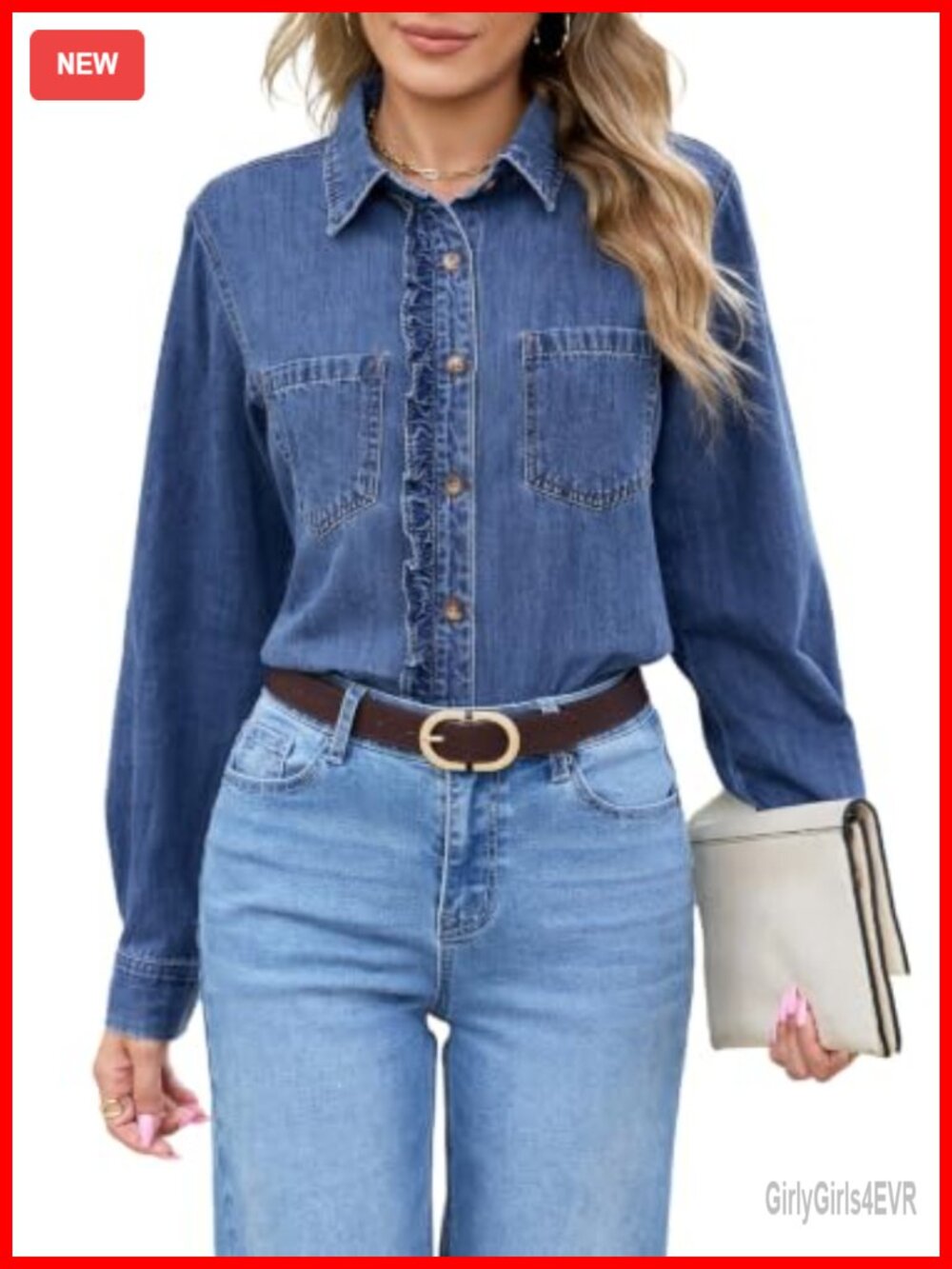 Long Sleeve Ruffle Trim Button Down Denim Shirt